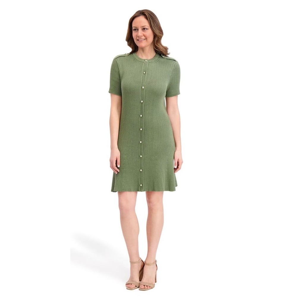 French Connection Green Ribbed Knit Button Front Short Sleeve Fit Flare Dress